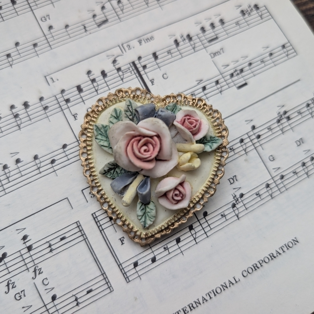 Vintage Floral Heart Brooch